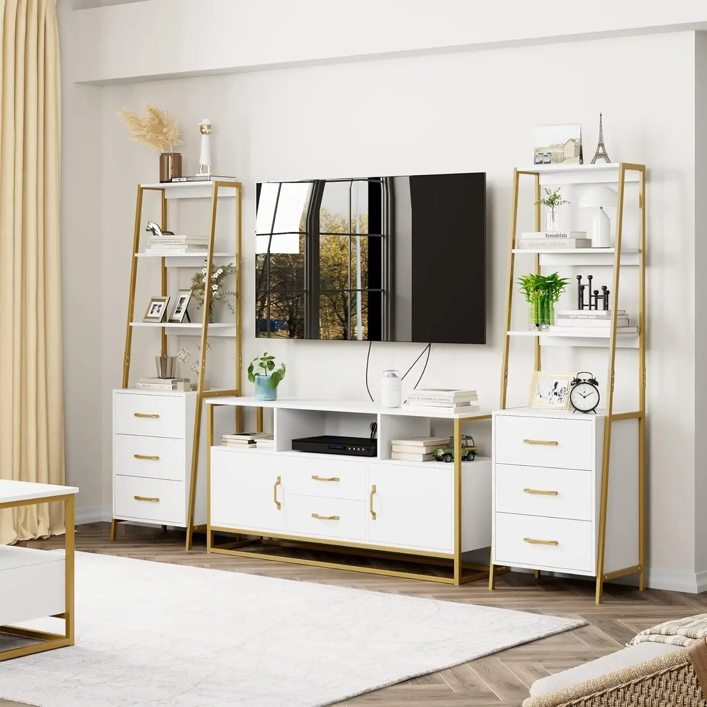 White Gold 4-Tier Bookshelf Modern Ladder Storage Organizer Living Room