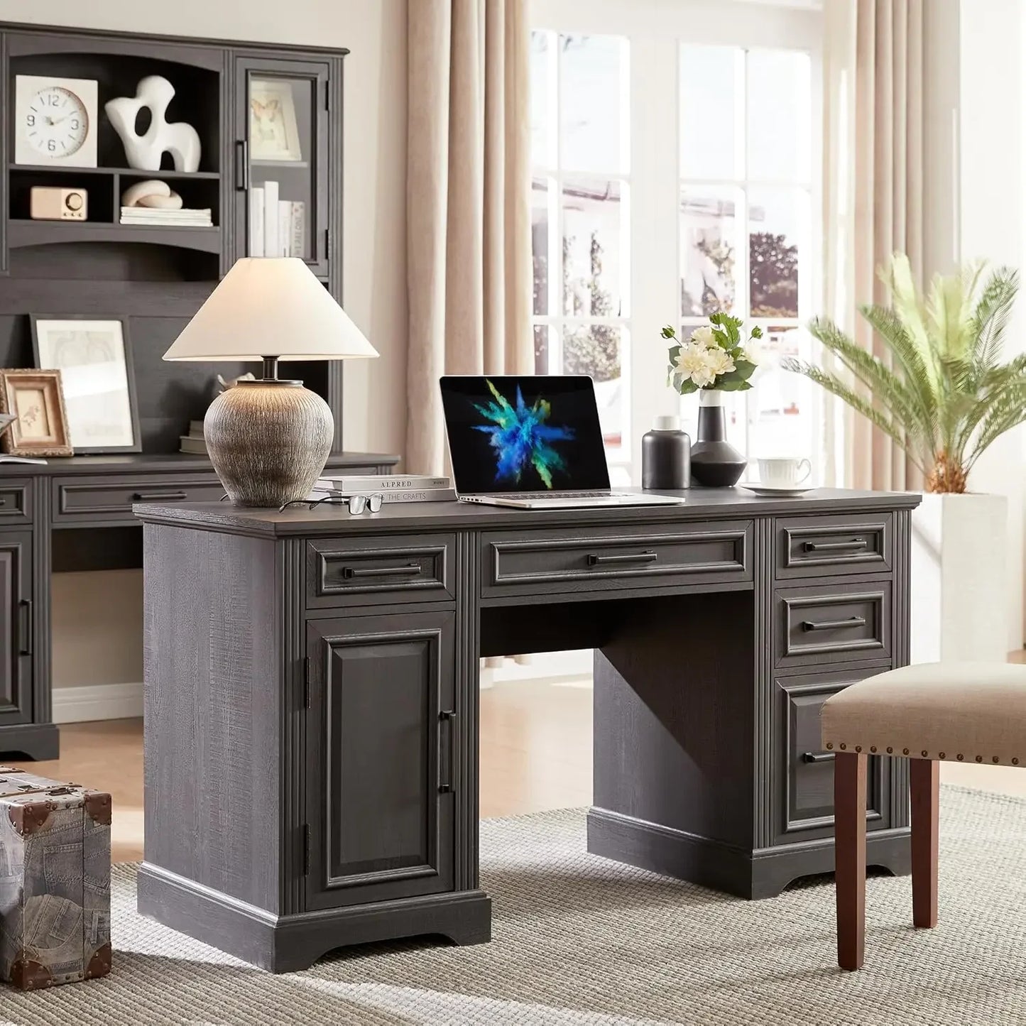 58 Inch Executive Desk Farmhouse Computer Desk with Storage Cabinet