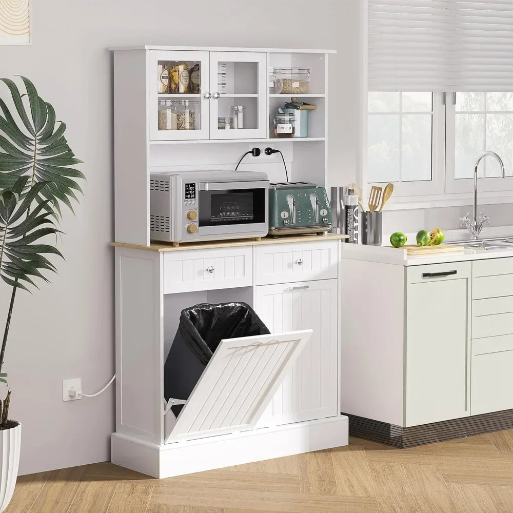 68 Inch Kitchen Pantry Storage Cabinet with Charging Station and Trash Can