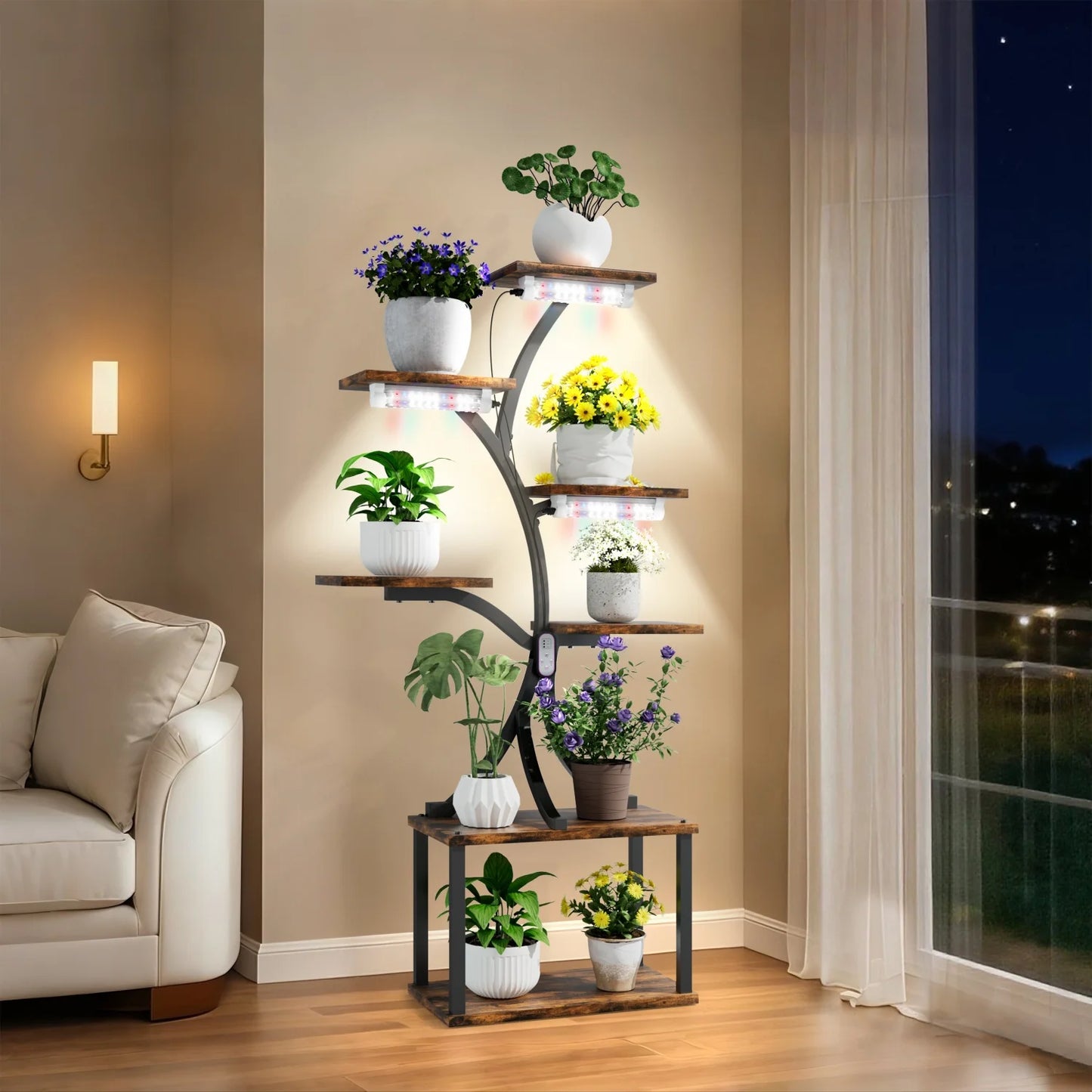 7 Tier Tree Shaped Plant Stand Metal Flower Pot Display Holder Lights
