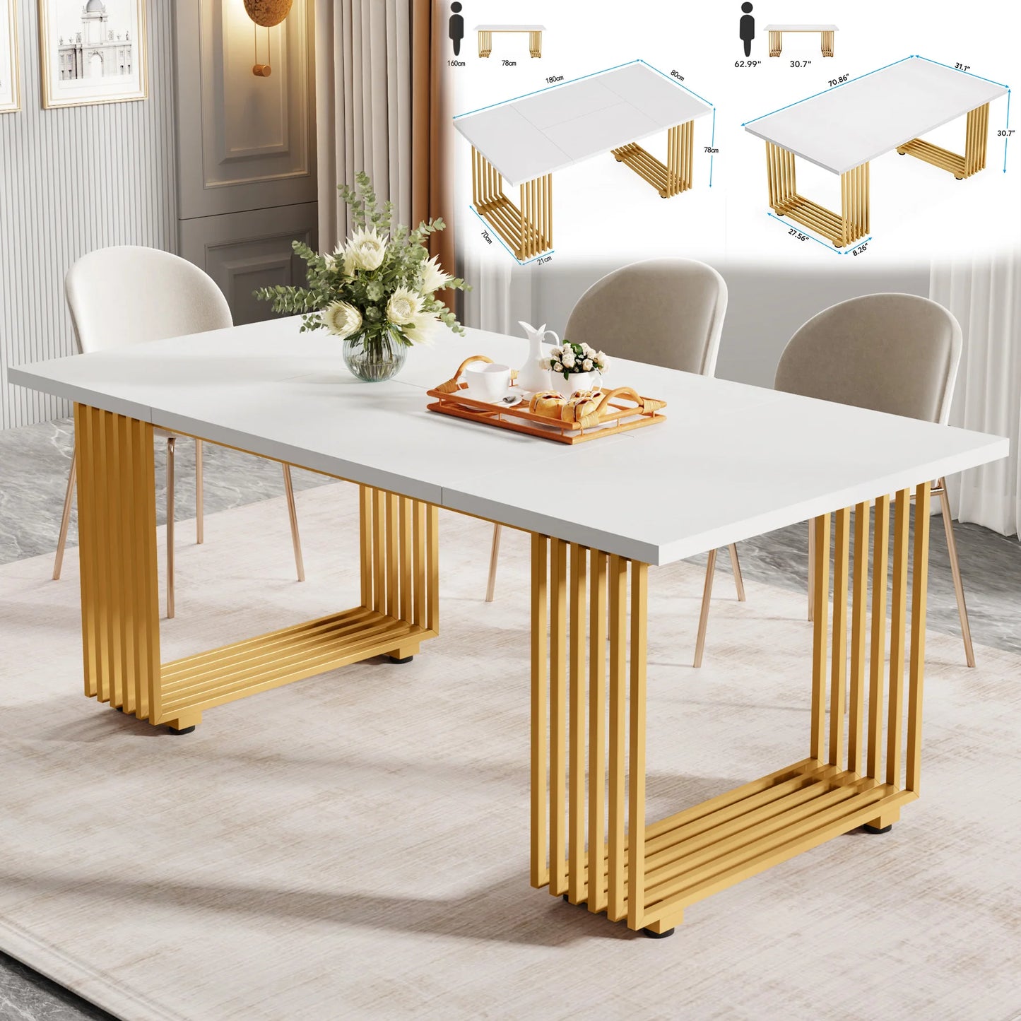 Ljustra 63 Inch Dining Table Rectangular Kitchen Faux Marble Modern Design