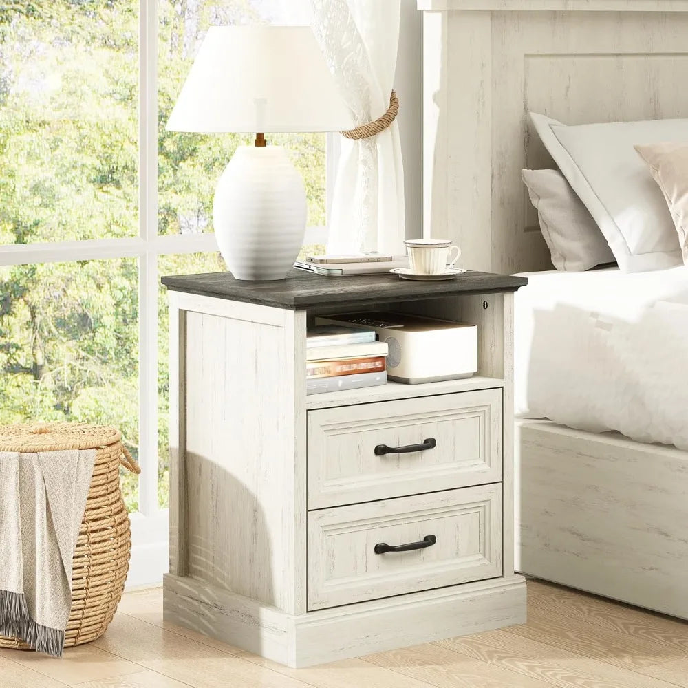 20 Inch Farmhouse Nightstand End Table with Drawers and Open Storage