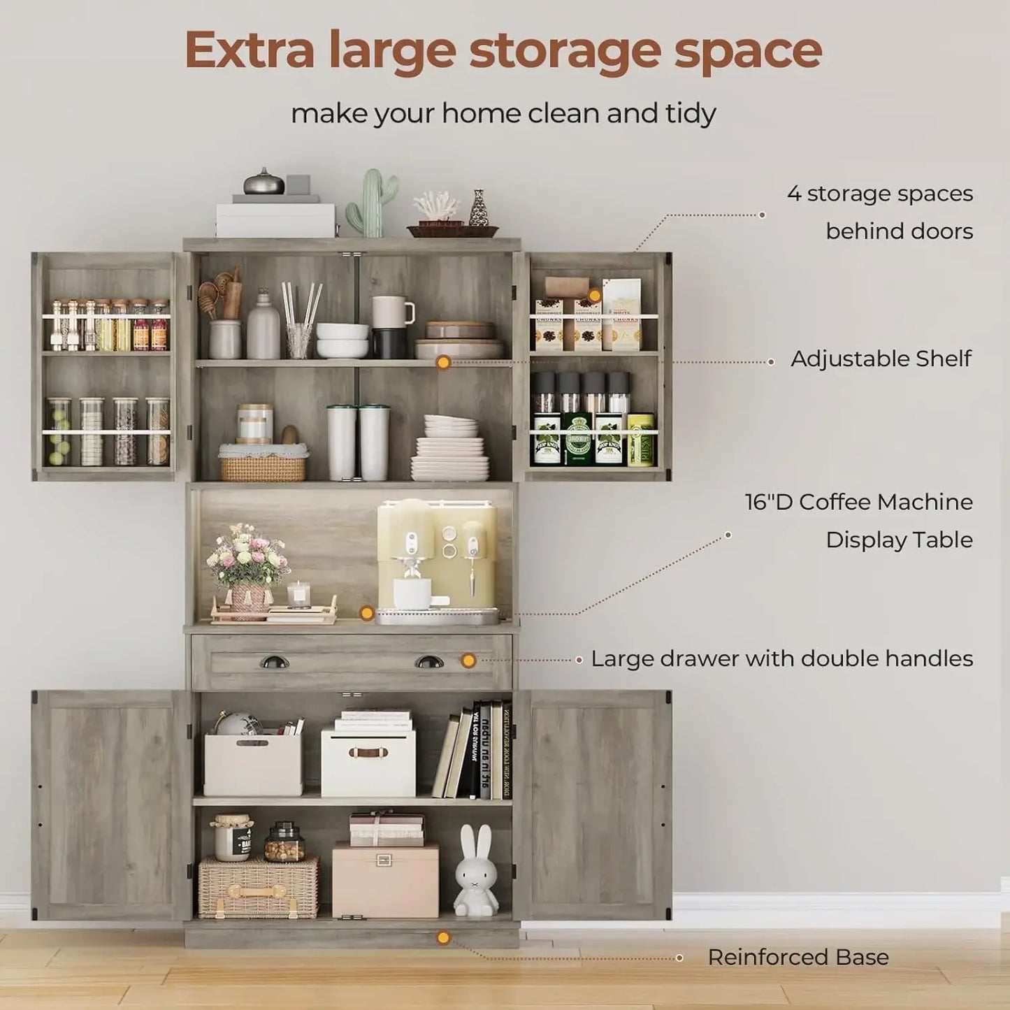 Farmhouse Kitchen Pantry Cabinet with Adjustable Shelves and LED Lights