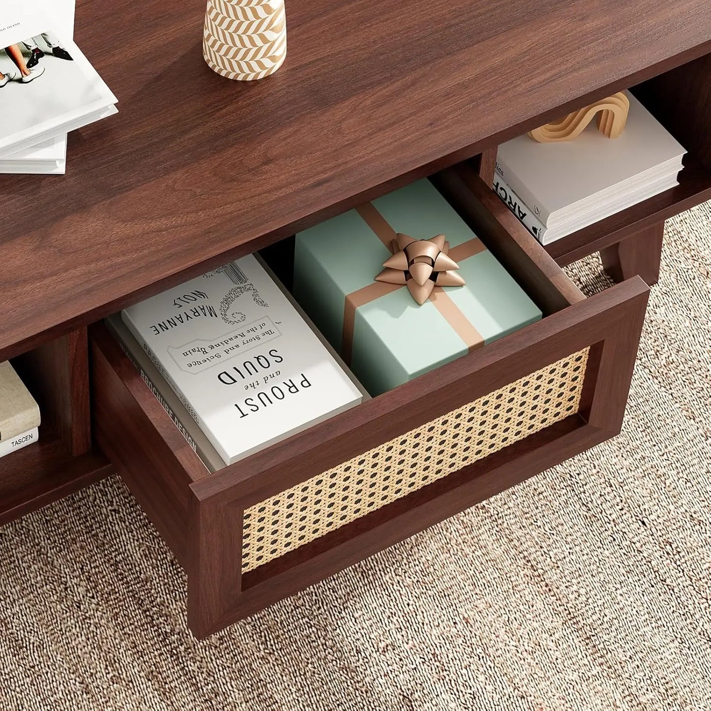 Mid Century Modern Coffee Table with Rattan Drawer for Living Room