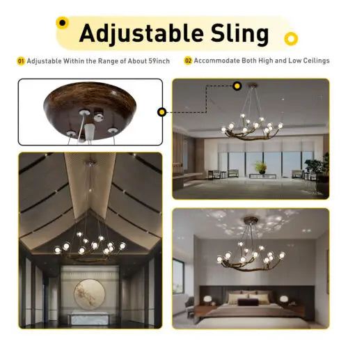 Vintage Rustic Tree Branch Glass Ball Chandelier Nordic Hanging Lamp