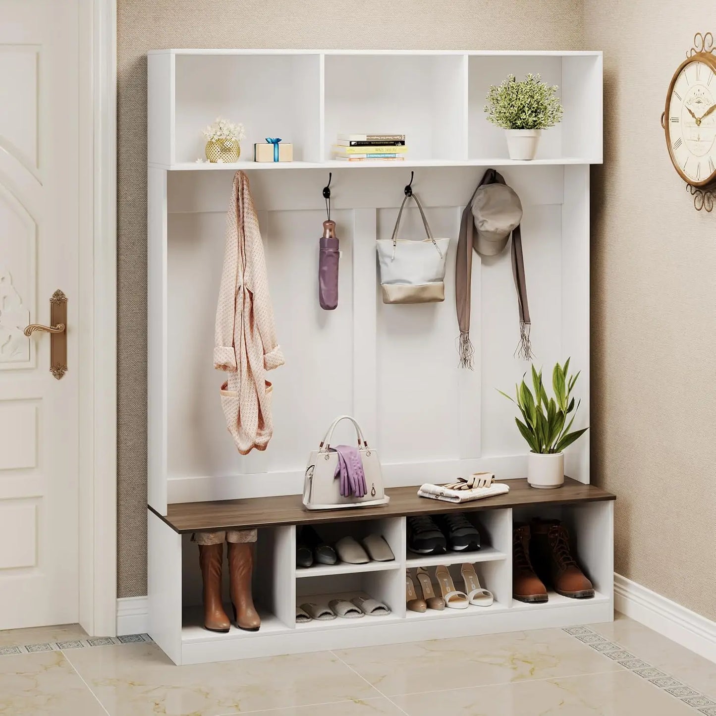 Home Hall Tree Entryway Bench Shoe Storage Coat Rack Organizer