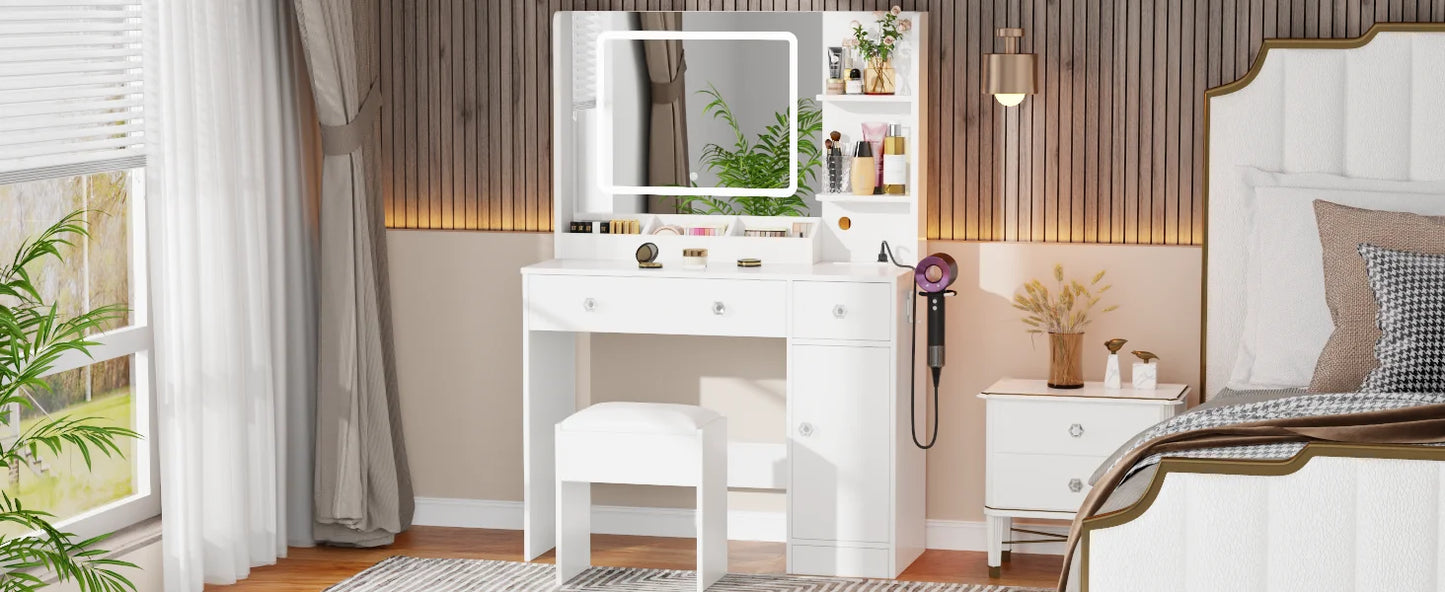 Satifur Vanity Desk with LED Mirror Power Outlets Makeup Stool Set
