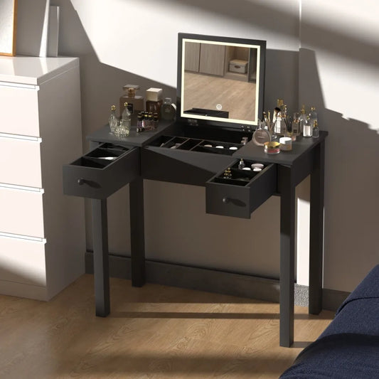 Elegant Black Vanity Table with LED Mirror and Jewelry Storage