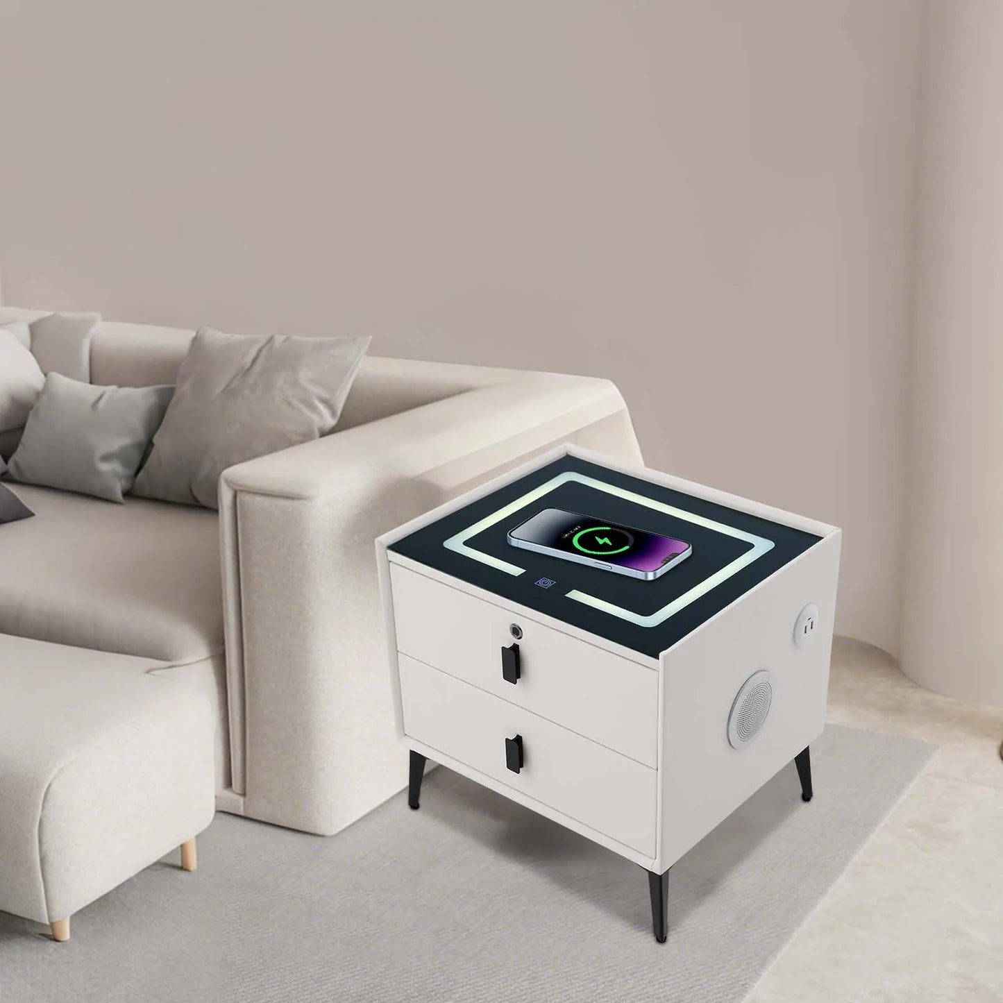 Smart Bedside Table with Bluetooth Speaker and USB Charging Drawers