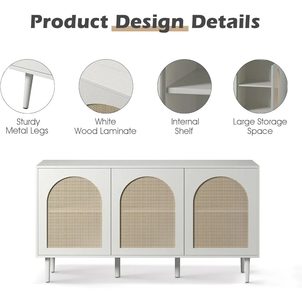 Sideboard Buffet Cabinet with Rattan Doors and Metal Legs for Storage