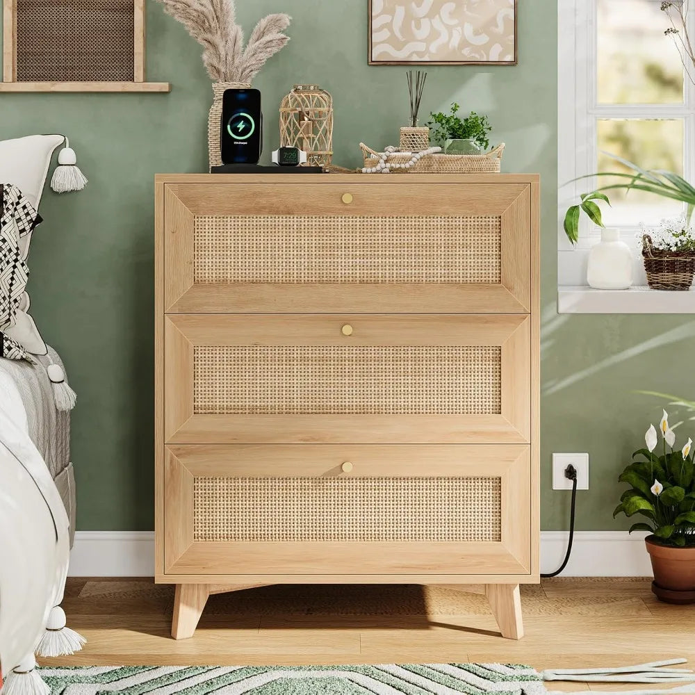 Rattan Nightstand with Charging Station 3 Large Drawers Boho Style