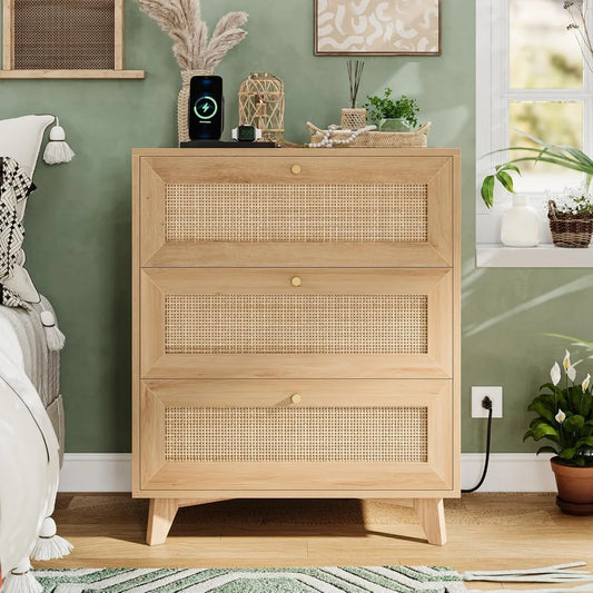 Rattan Nightstand with Charging Station 3 Large Drawers Boho Style