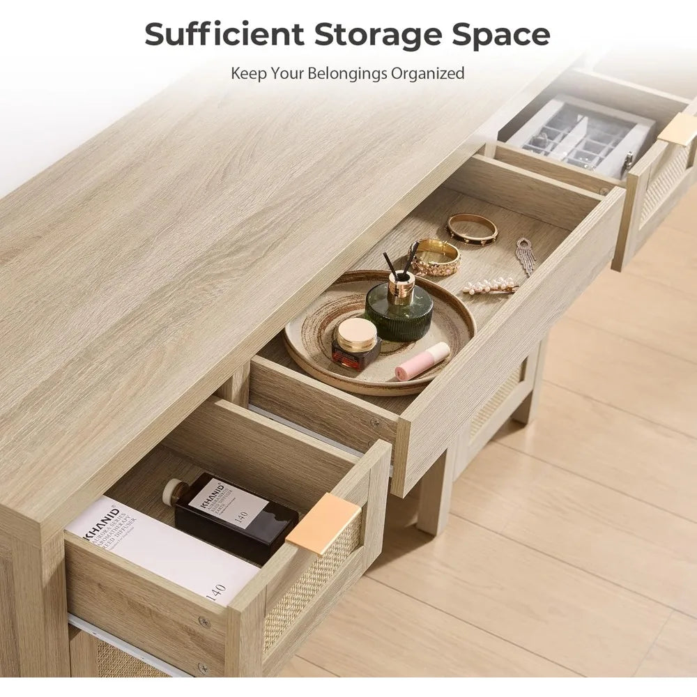 Rattan Vanity Desk 52" Large Boho Makeup Dressing Table with Storage