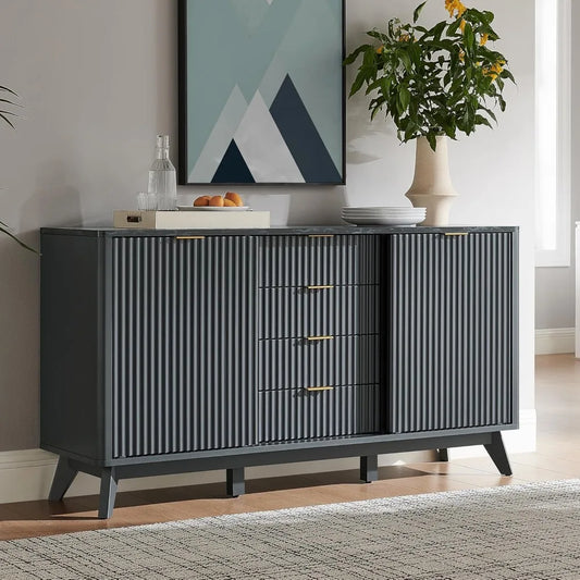 Fluted Buffet Cabinet 60 Inch Modern Sideboard Sliding Doors Storage