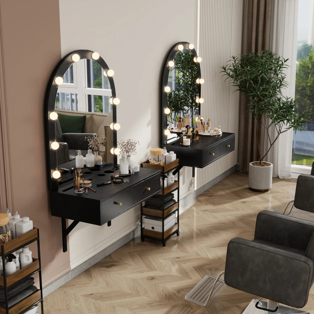 Floating Makeup Vanity Desk with Mirror 3-Color Lights Storage Outlet