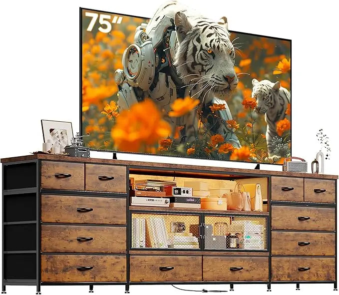 71 Inch Modern TV Stand with LED Lights Charging Station and 12 Drawers