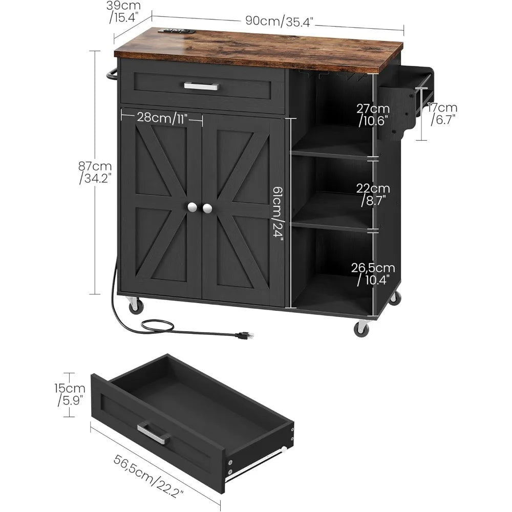 Kitchen Island Trolley Storage Cart with Power Outlet Spice Rack