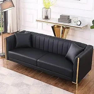 78" Faux Leather 3-Seater Sofa Couch with Gold Trim Legs White Black Green Brown