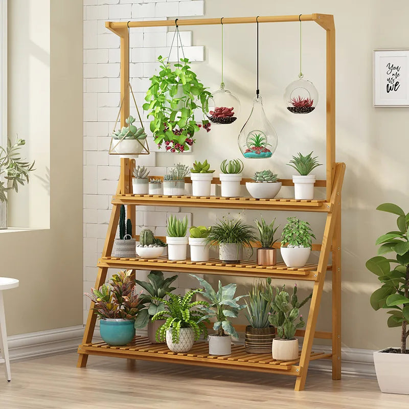3 Tier Folding Bamboo Plant Stand Indoor Outdoor Multi Use Rack