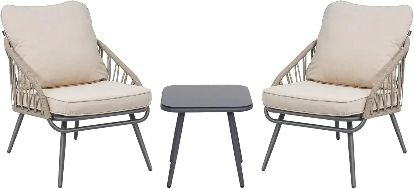 3 Piece Patio Bistro Set Outdoor Furniture Woven Rope Chairs Small Spaces