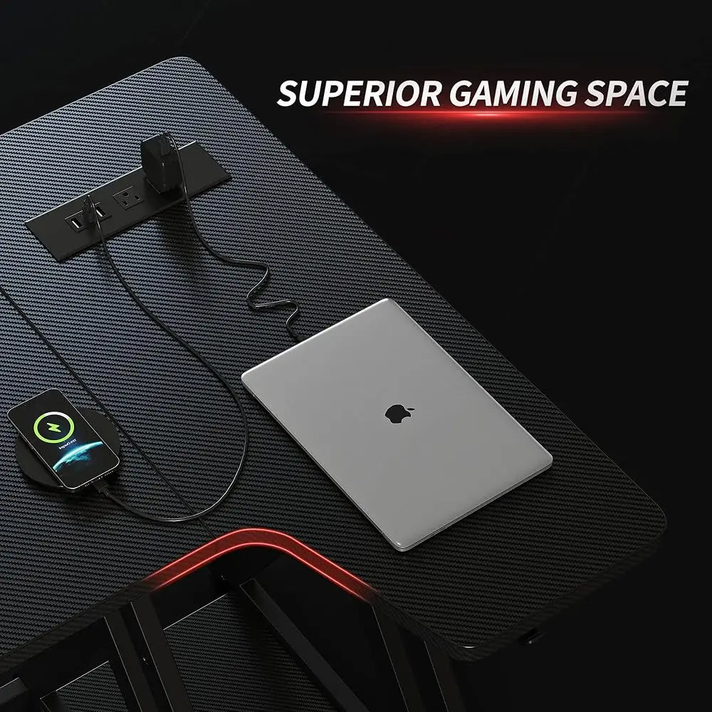 Aurora Gaming Desk L Shaped with LED Lights Power Outlets Storage Shelves
