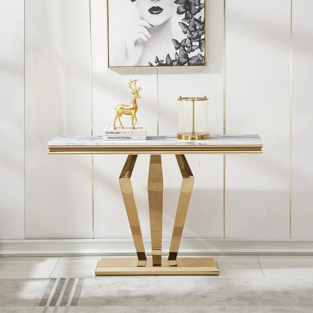 47 Inch White Marble Console Table Modern Stainless Steel D-Base