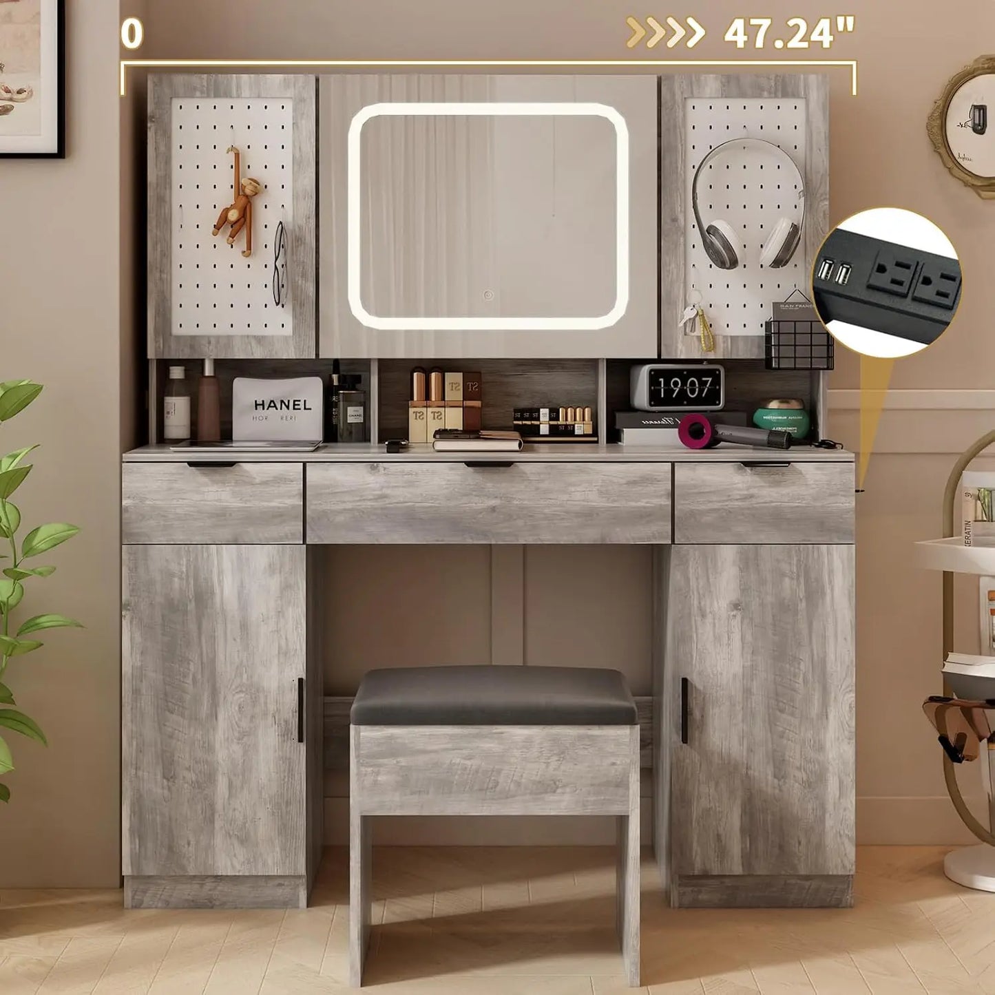 Large Vanity Table Set with LED Mirror Charging Station Pegboards Hooks