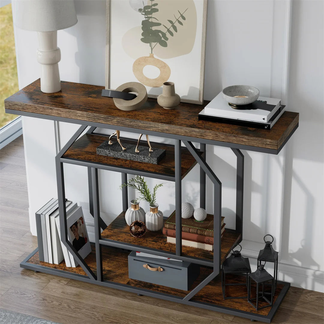 Ljustra Industrial Entryway Console Table 120cm with 4 Tier Storage