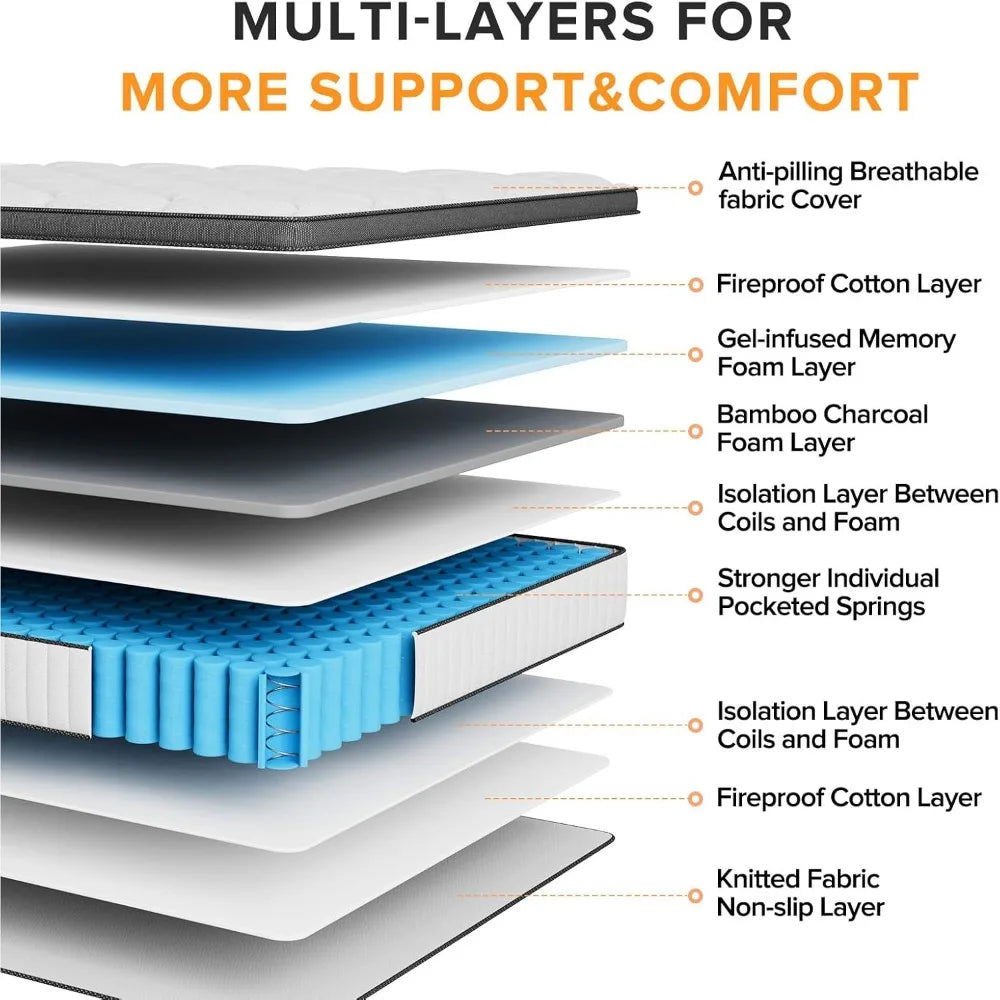 Full Size 10 Inch Hybrid Mattress Medium Firm Pocketed Springs Bamboo Foam