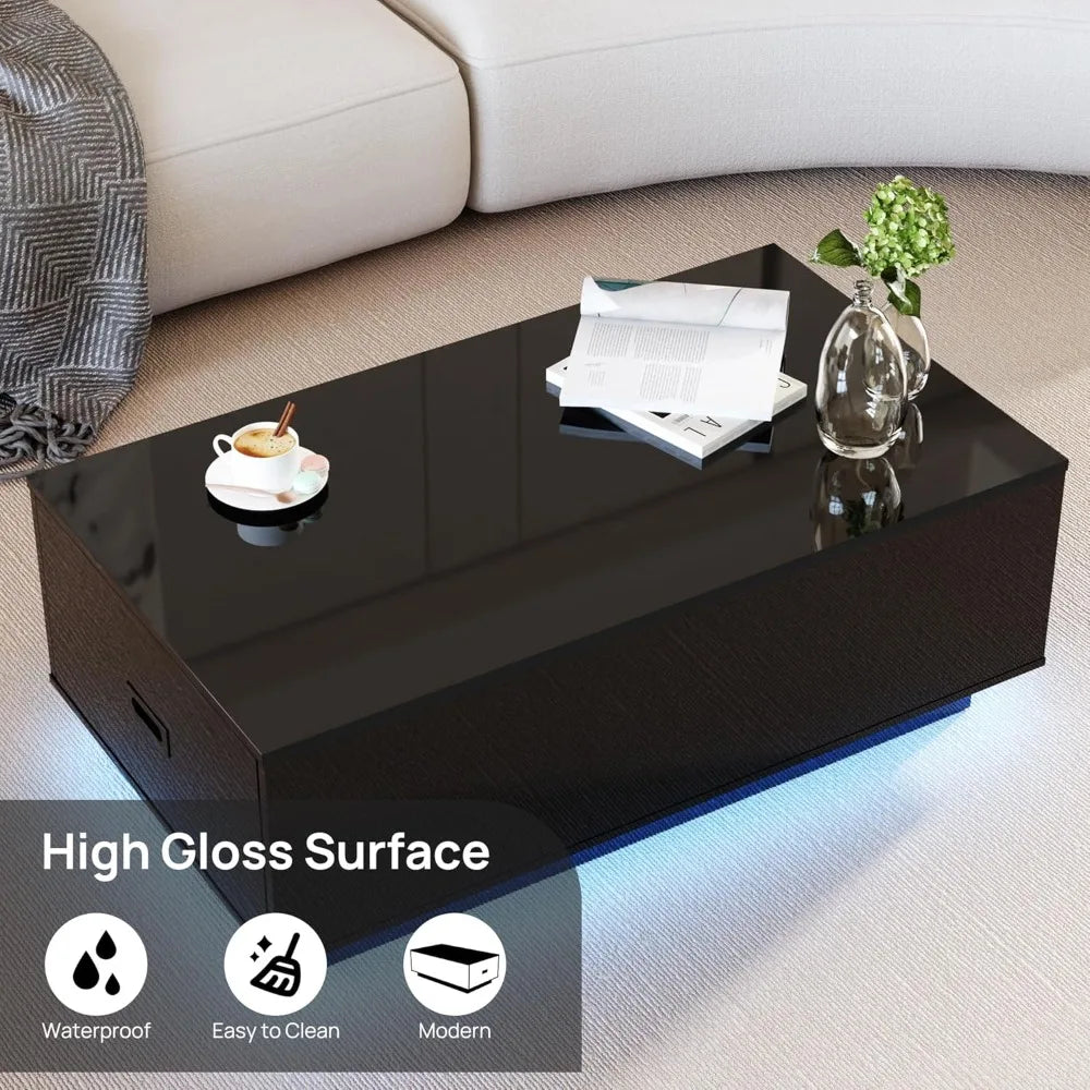 41 Inch LED Coffee Table with Drawers Modern High Gloss Living Room