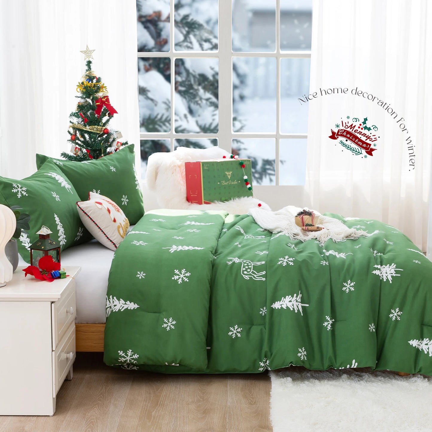 Soft PolyCotton Queen Comforter Christmas Reindeer Bedding Set