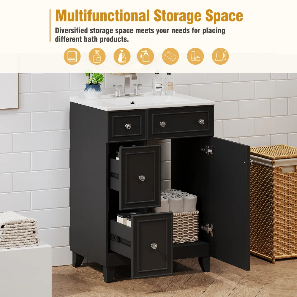 24 Inch Bathroom Vanity Cabinet Ceramic Sink 2 Drawers Storage