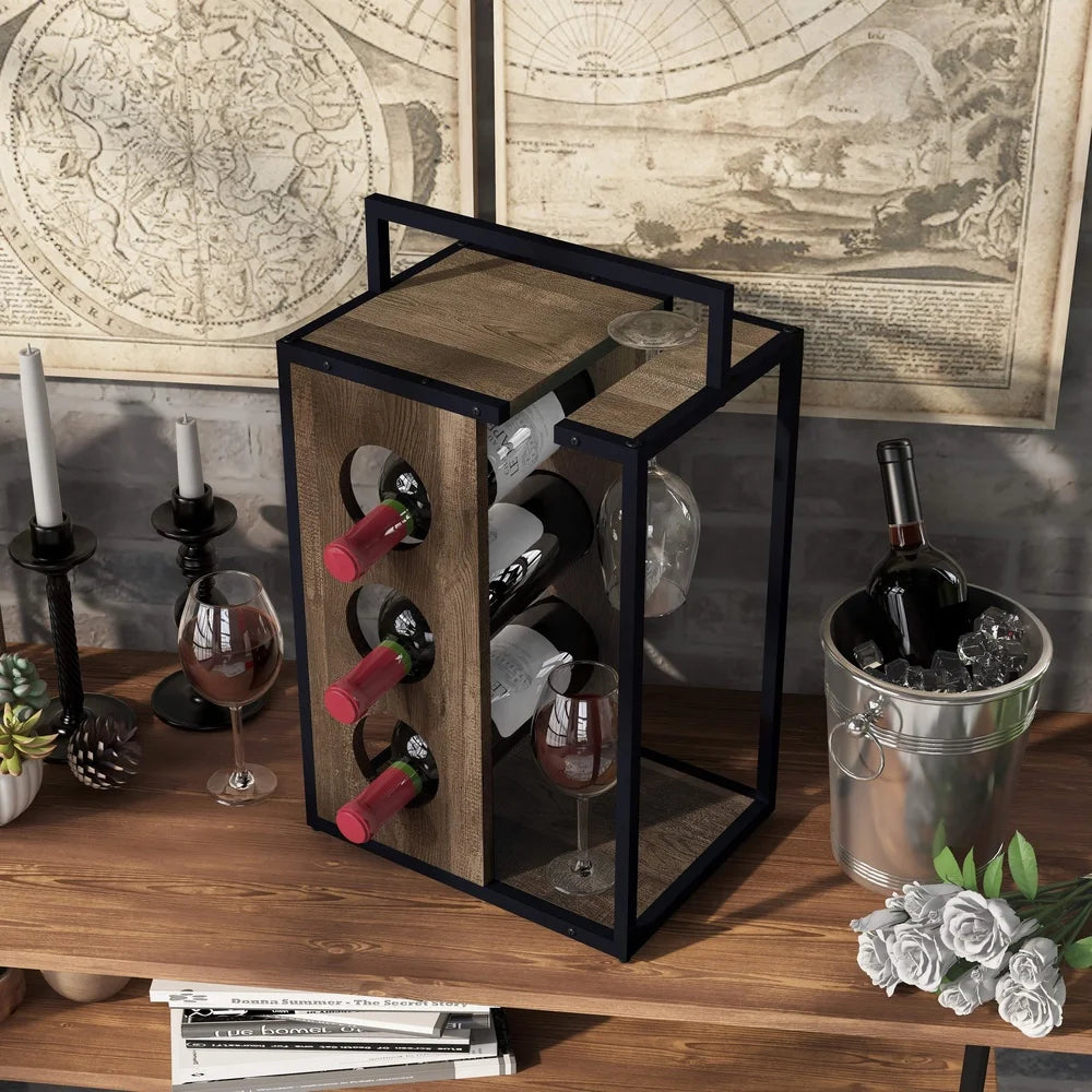 Rustic 3-Bottle Wine Rack with Handle Stemware Holder Compact Design