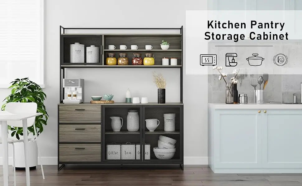 Large Kitchen Hutch Storage Cabinet with Metal Frame and Mesh Doors