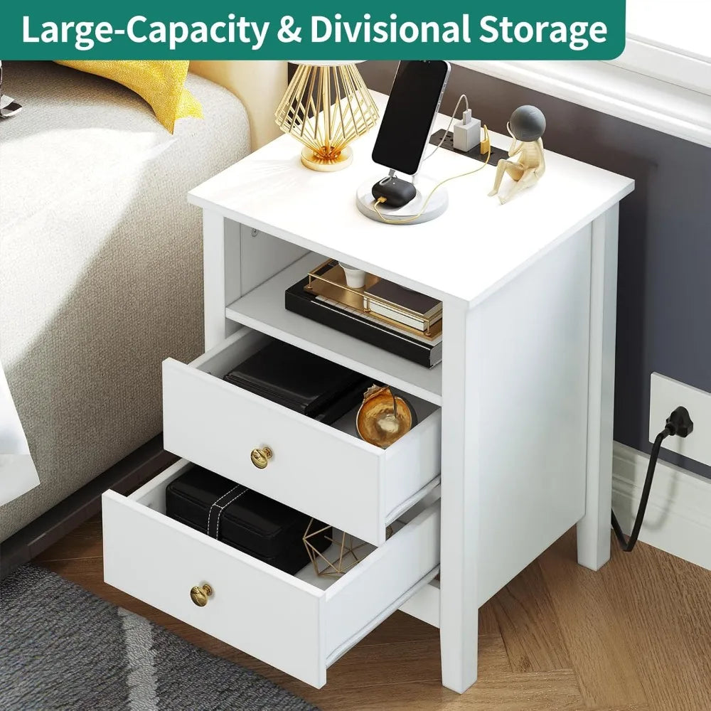 Nightstand with Charging Station Modern Bedside Table 2 Drawers USB