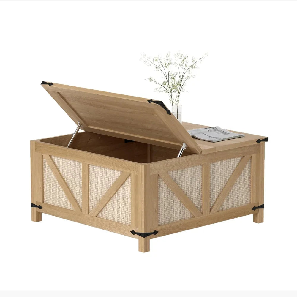 Lift Top Coffee Table Rattan Center Table Large Storage Farmhouse Style