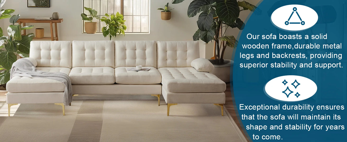 Modern U Shaped Sectional Sofa with Double Chaise, Tufted Button Couch