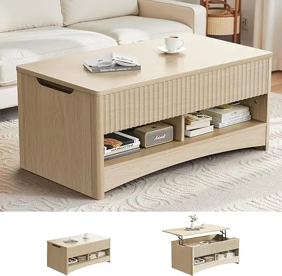 Amada Coffee Table Fluted Lift Top Storage Modern Rectangle Table