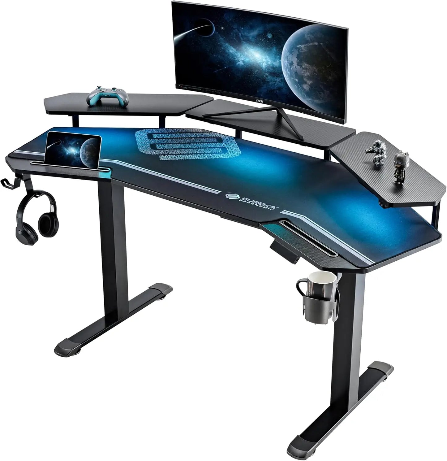 Gaming Desk Adjustable Height Standing Desk 63 Inch Wing Shaped Workstation