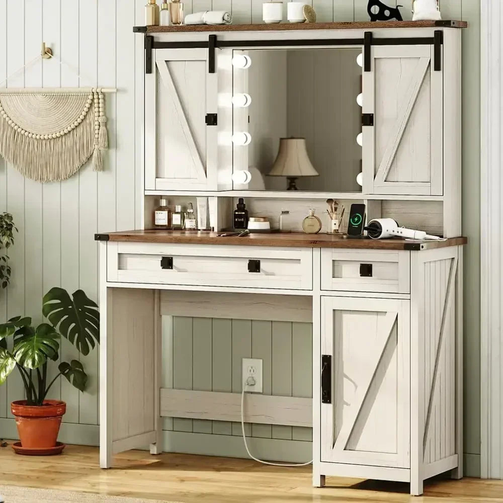 Makeup Vanity Desk with Lights and Barn Doors Charging Station