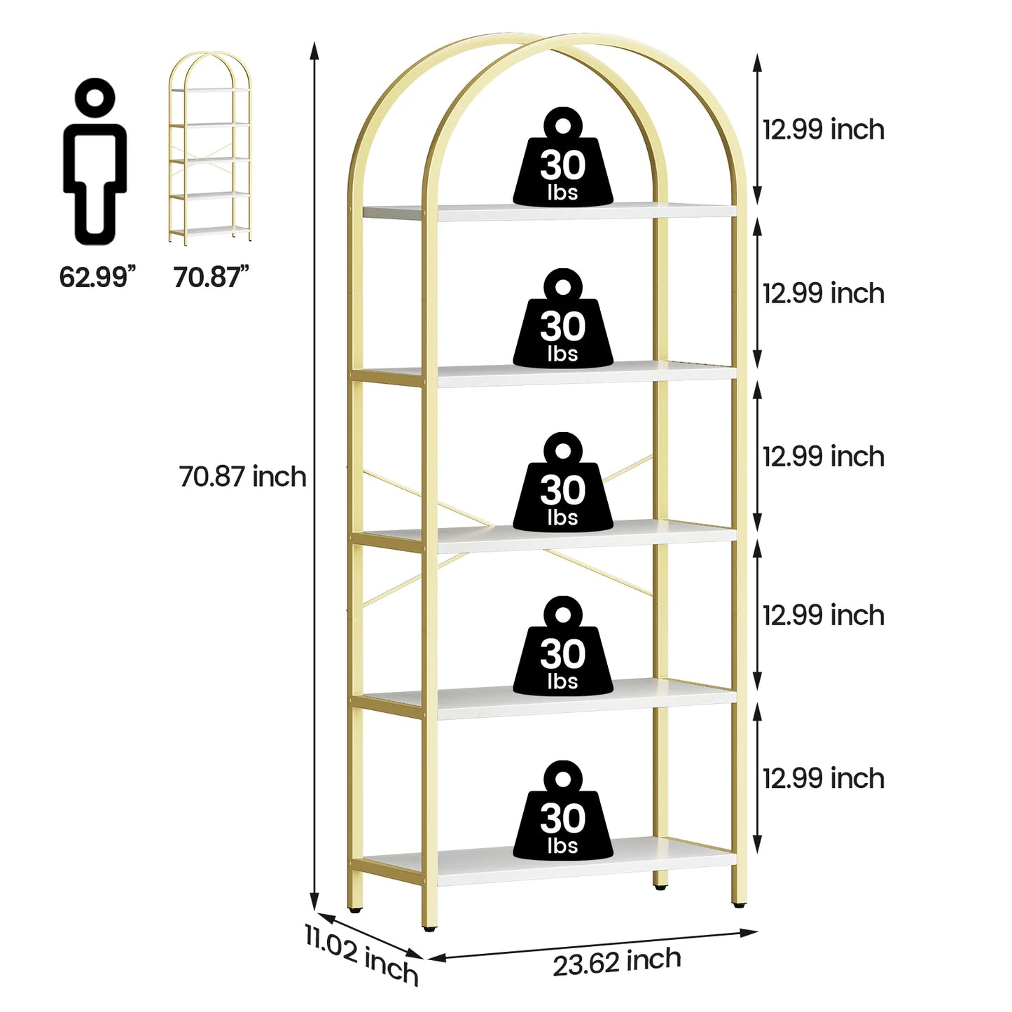 Tall 5 Tier Bookshelf Arched Display Modern Metal Frame Wooden Bookcase