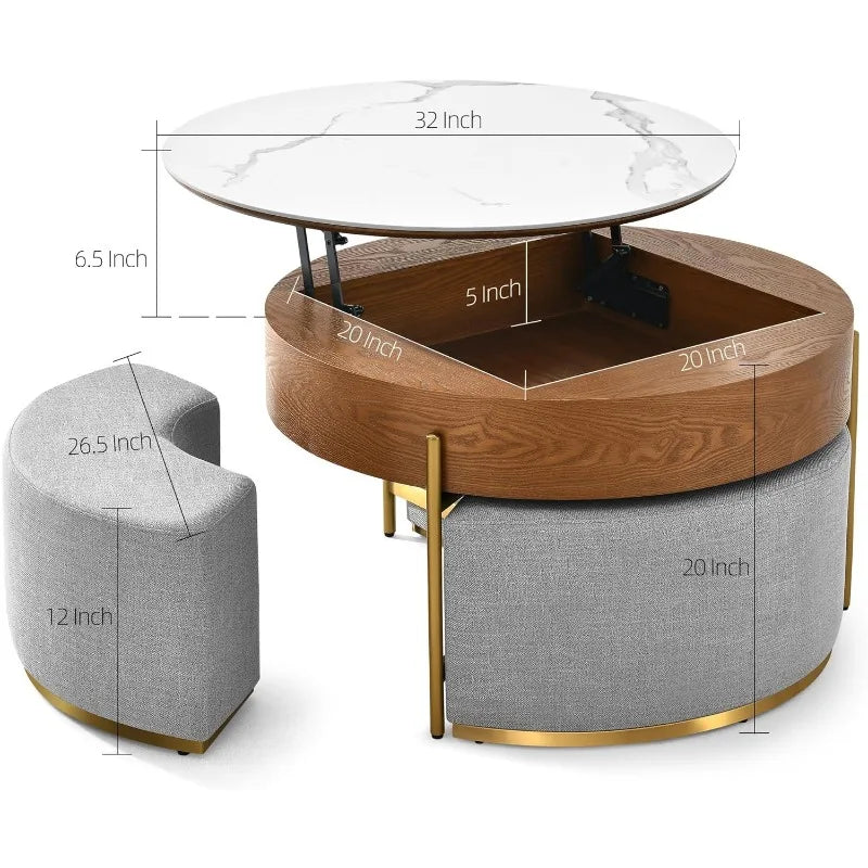 32 Inch Round Slate Coffee Table Set with Storage and 3 Stools