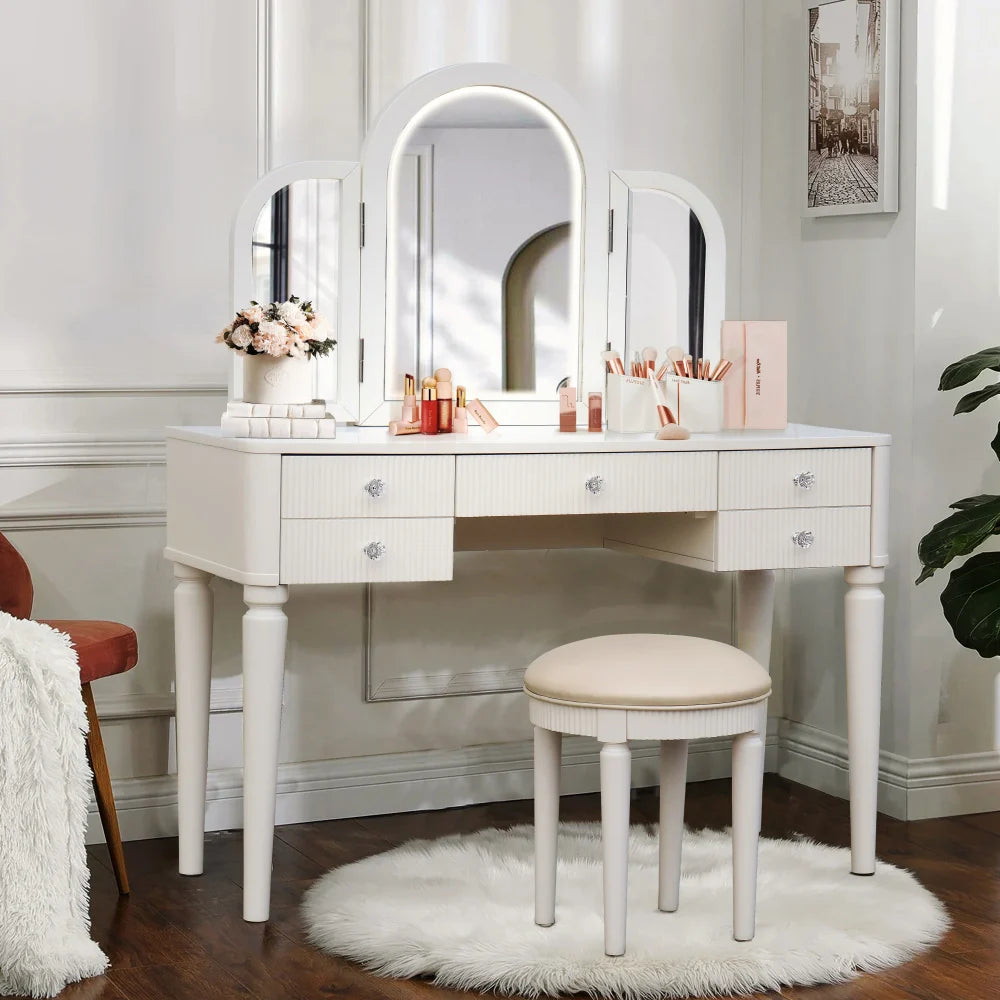 Luxury Mirrored Vanity Desk Set with Stool and Drawer Storage for Bedroom