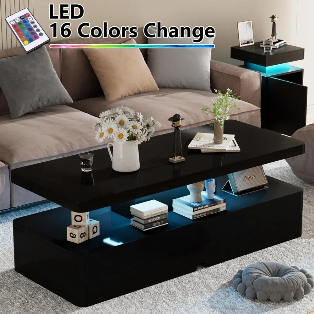 Modern LED Coffee Table 40 Inch Double Layer Stylish Living Room Table