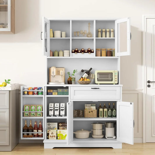 Freestanding Buffet Cabinet Microwave Stand with Wine Rack and Shelves