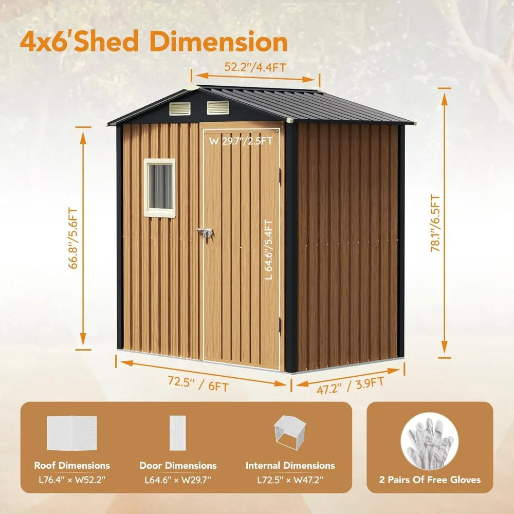 6X4FT Garden Storage Shed Lockable Durable Metal Tool Shed for Outdoors