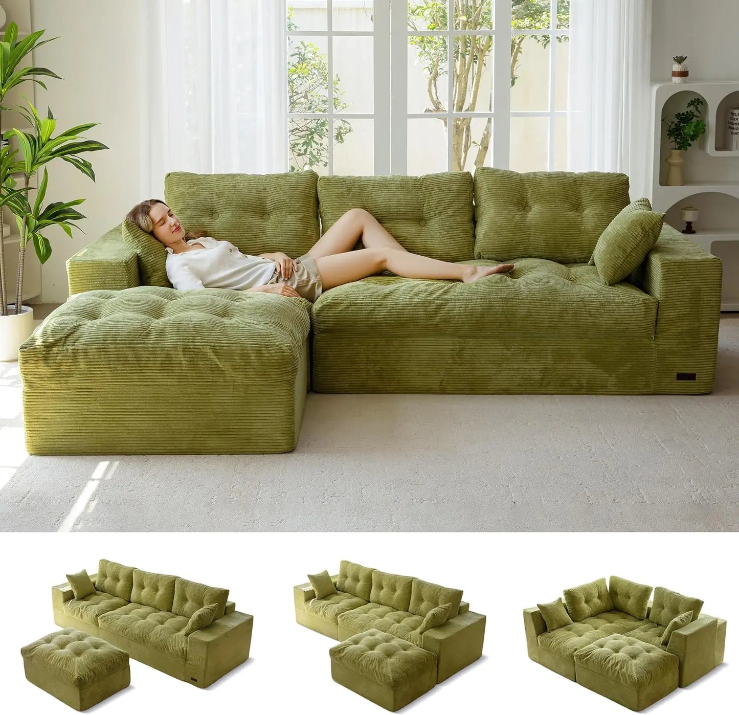 L-Shaped Sectional Sofa Convertible Ottoman Modular Couch Tufted Upholstered