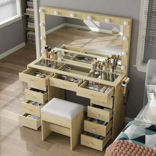 Ljustra Vanity Desk with LED Lights Makeup Table 11 Drawers Mirror Power Outlet
