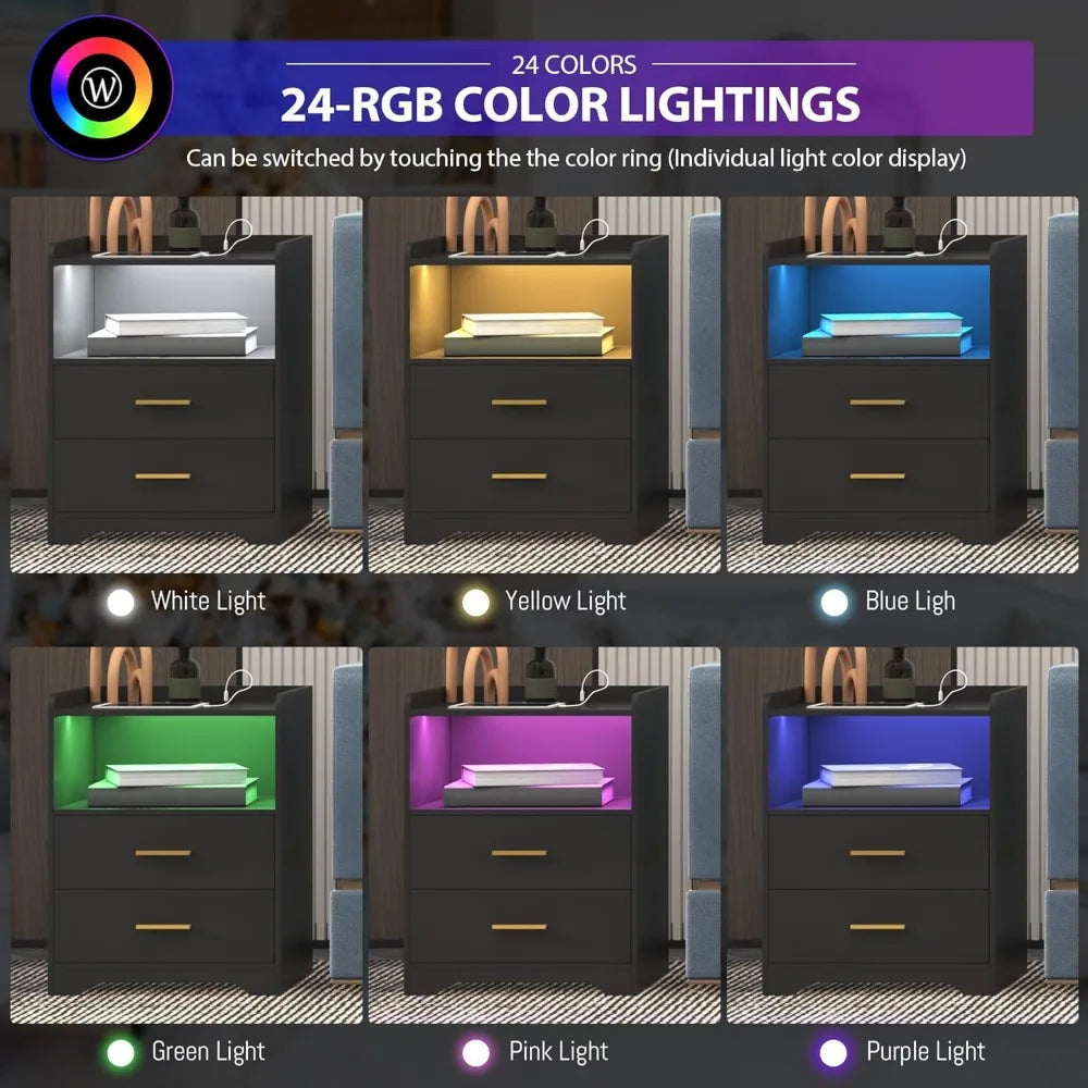 LED Nightstand with Charging Station Modern RGB Bedside Table