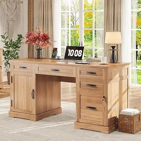 55 Inch Farmhouse Desk with Drawers Charging Station for Home Office